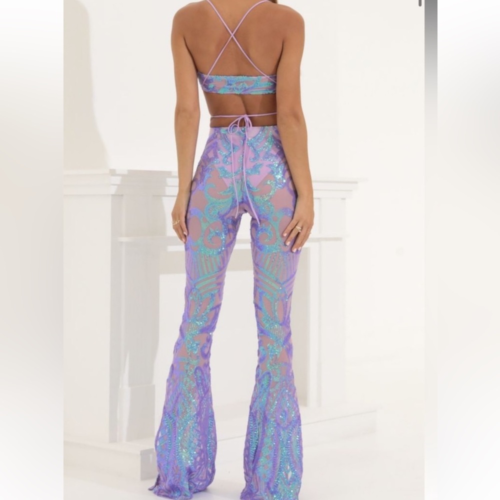 Lucy in the Sky Purple and Blue Flare Pants with Retro Print